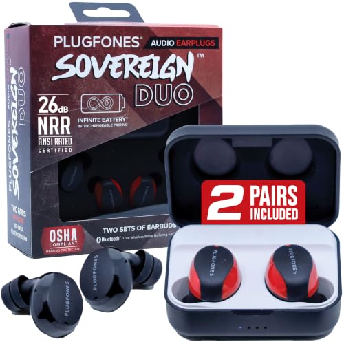 Plugfones Sovereign Duo Two Sets True Wireless Bluetooth Earplug Headphones 26 dB Noise Reduction Rating OSHA Compliant Earphones Bluetooth Hearing Protection Safety Earbuds with Sound Focused Mic