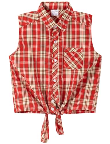Image of Noomelfish Girls Sleeveless Plaid Button Down Shirt Tie Knot Blouse Tank Tops, Red Plaid, Size 5-6 Years