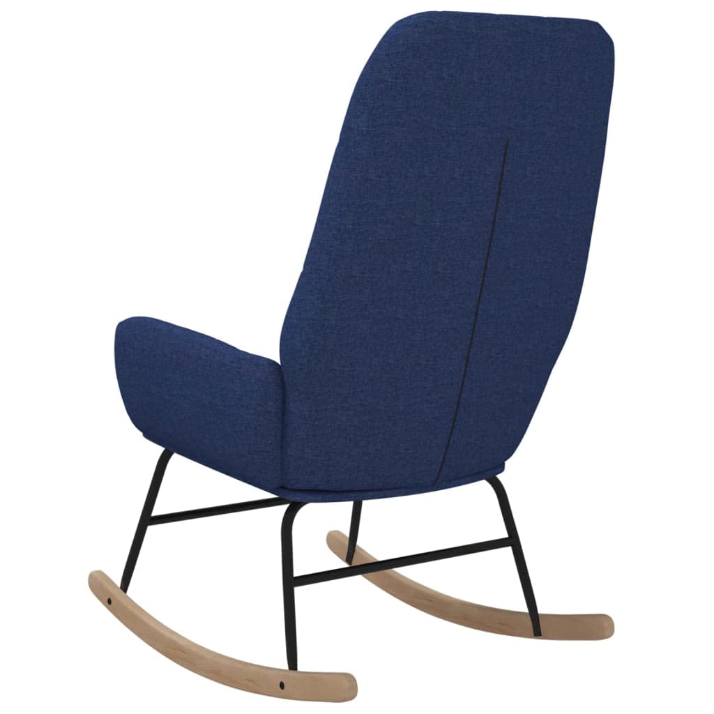 Mecedora de tela azul con reposabrazos, asiento de espuma acolchada, patines de metal estables y comodidad para salón, balcón o terraza para relajarse