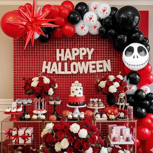 Image of Halloween Balloon Arch Kit Bloody Balloons Garland Black and Red Balloon with Skull Face Explosion Star Foil Balloon for Nightmare Horror Theme Birthday Spooky Vampire Skeleton Cat Party Decorations