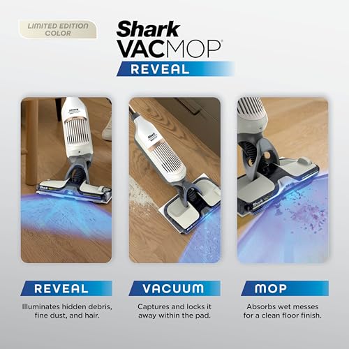 Image of Shark VACMOP Reveal Cordless Hard Floor Cleaner, Vacuum & Spray Mop, Powerful Suction, Lightweight, Illumination Light, 4 Disposable Pads, 12oz Pet Multi-Surface Cleaning Solution, Ivory, VM401IV