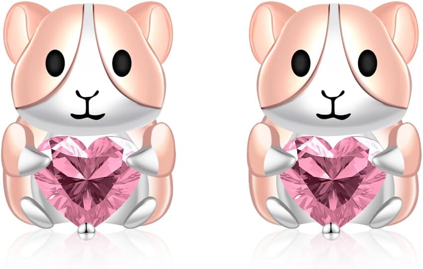 Cute Guinea Pig Stud Earrings - 925 Sterling Silver CZ Heart Birthstone Animal Earrings Guinea Jewelry Gifts for Women Christmas Birthday