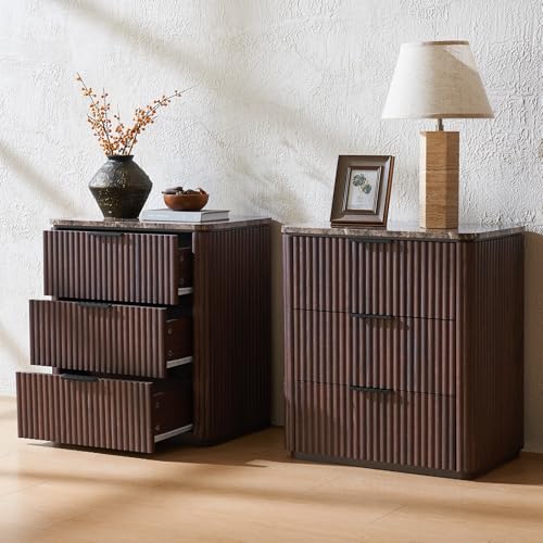 Image of Fluted Nightstand Set of 2, 23 inch W Night Stand with 3 Drawers, Wood Bed Side Table with Faux Marble-Top, Curved Corner, Metal Handle, Modern Bedside Table for Bedroom, Living Room, Office, Dark Oak