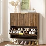 NOVAMAISON Shoe Cabinet with 2 Flip Drawers Walnut, Fluted Shoe Cabinet Storage for Entryway Slim, Mid Century Narrow Shoe Organizer Cabinet, Modern Freestanding Shoe Rack for Entryway, Walnut
