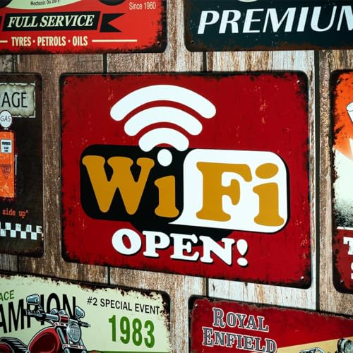 Image of Eazywagon Decorative Retro Metal Signs Wall Plate - 12x8 Inch (WiFi Open) | Weatherproof Vintage Metal Sign Plate for Cafe, Home, Bar, Garage | Decorative Wall Hanging Sign Board