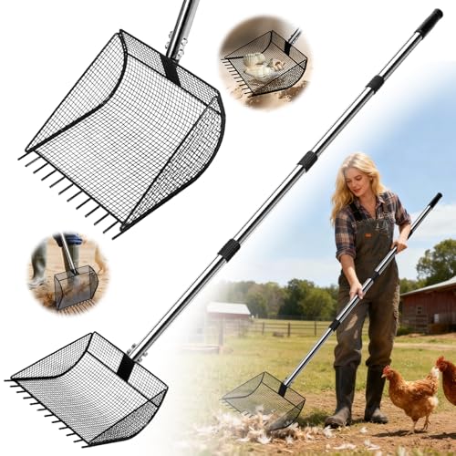 Chicken Poop Scooper for Sand, 2-in-1 Rake & Pooper Scooper with Large Sifting Shovel, Adjustable Stainless Steel Handle (36'-62'), Chicken Coop Litter Scoop & Cleaning Tool for Farm Animals