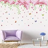 Amaonm Large Huge Fashion Pink Romantic Cherry Blossom Flower Vine Butterfly Wall Corner Decal Wall Stickers Murals Wallpaper for Kids Girls Bedroom Living Room Tv Background Wall Corner Decorations