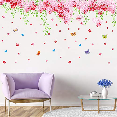 Amaonm Large Huge Fashion Pink Romantic Cherry Blossom Flower Vine Butterfly Wall Corner Decal Wall Stickers Murals Wallpaper For Kids Girls Bedroom Living Room Tv Background Wall Corner Decorations #TOP6