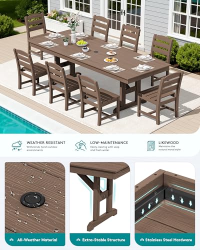 Image of SERWALL 9 Piece 84 inch HDPE Outdoor Dining Set for 8 with Armless Chairs and Umbrelle Hole, Brown