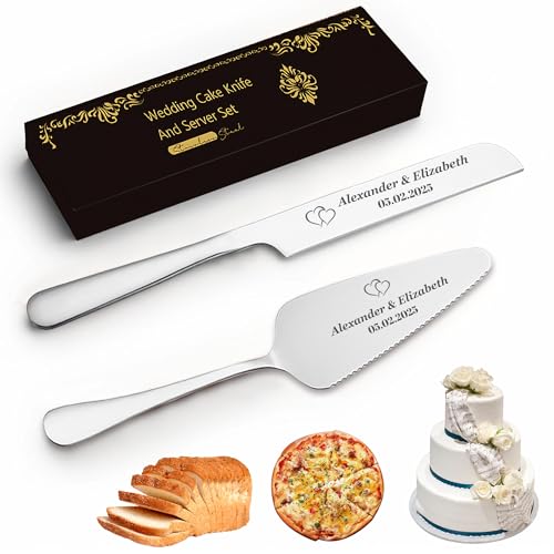 Juego de Cuchillos y Espátulas para Tartas Personalizado - Acero Inoxidable con Grabado Elegante - Ideal para Bodas, Cumpleaños (Plata/Oro), XV Años y Aniversarios - Regalo para Novios y Parejas