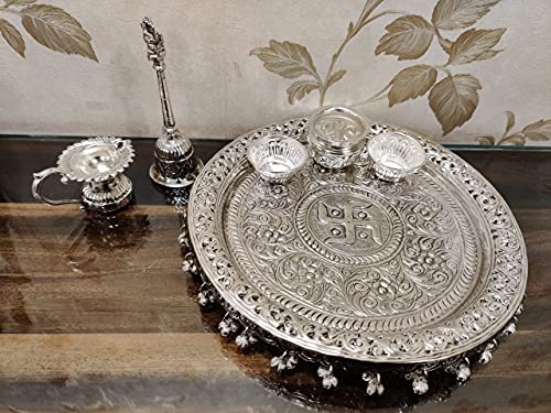 German Silver Hand Engraved Heavy Pooja Thali (Diameter 10.5”) With Full Ghungru Layer And Elephant Legs Stand – Set of 6 Items