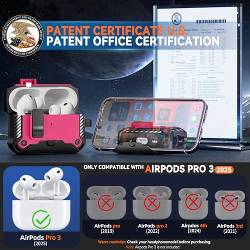 Image of for AirPods Pro 3 Case with Lock & Phone Stand(Rose red) | Automatic Snap Switch Lock,Carbon Fiber Texture Design Cover with Cleaner Kit