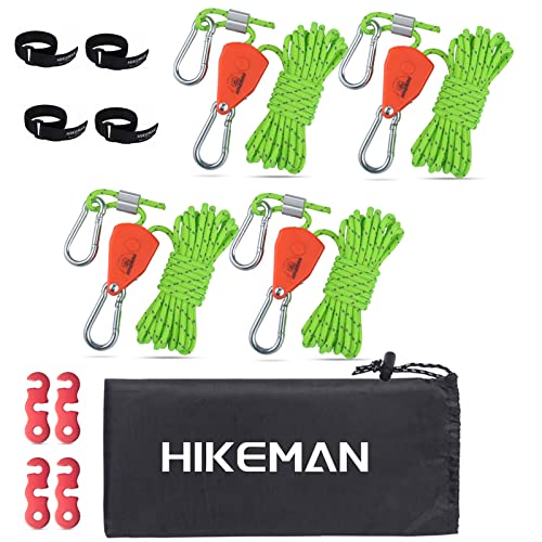 Hikeman Camping Rope with Ratchet Pulley,Quick Setup Outdoor Guy Lines Adjustable Tent Tie Downs Rope Hanger for Canopy,Kayak and Canoe,Grow Light (4PCS,Fluorescent Green)