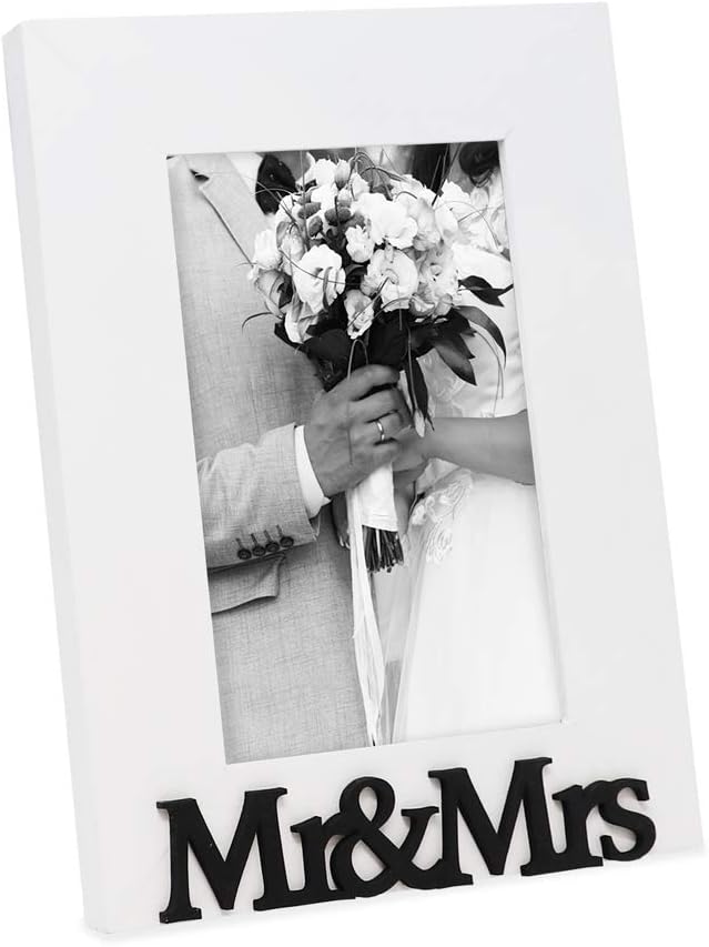Isaac Jacobs White Wood Sentiments “Mr & Mrs” Picture Frame, 4x6 inch, Newlywed Photo Gift for Wedding, Display on Tabletop, Desk (White, 4x6)