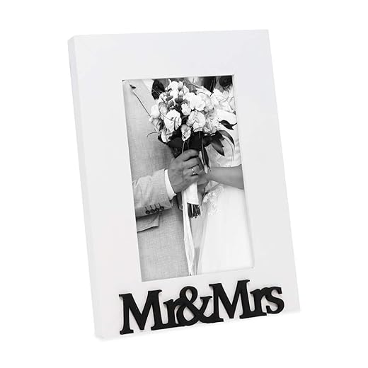Isaac Jacobs White Wood Sentiments “Mr & Mrs” Picture Frame, 4x6 inch, Newlywed Photo Gift for Wedding, Display on Tabletop, Desk (White, 4x6)