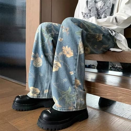 Baggy Jeans Men Vintage Y2k Washed Floral Jeans Graphic Flower Casual Streetwear for Skater Wide Leg Denim Pants4