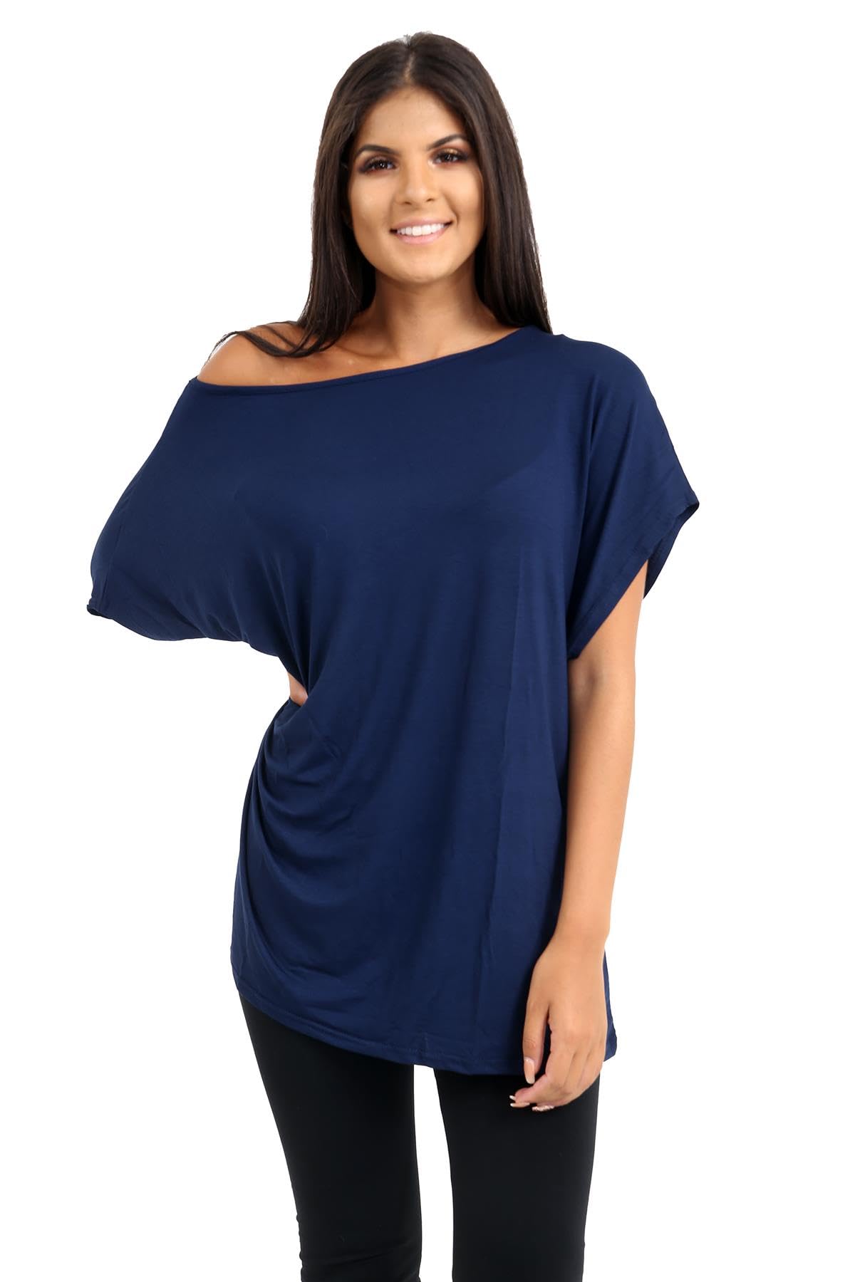 Hamishkane Women's Navy Hamishkane® Bardot Baggy Style Oversized T Shirt For - New Plain Off The Shoulder Batwing Top, Fashionable Tops For Casual Party Wear