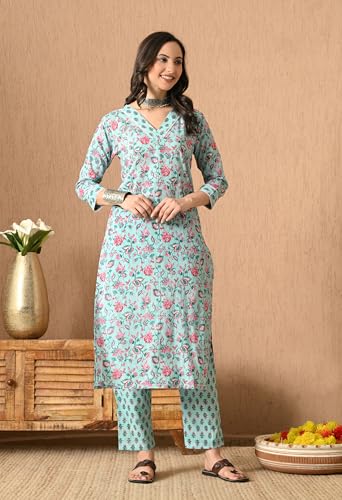 Image of Amazon Brand - Tavasya Women Cotton Anarkali Kurta Pant Dupatta Set | Printed Ethnic Suit Set | Flared Anarkali Kurta with Pant & Dupatta | Festive & Casual Wear