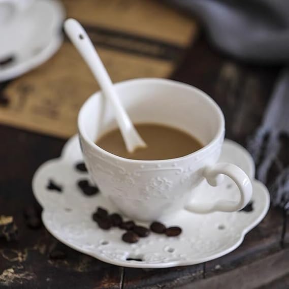 Euro Style Cup& Saucer Set Art Bone China Ceramic Tea Coffee Cup for Breakfast Home Kitchen- Embossed Flowers (White)