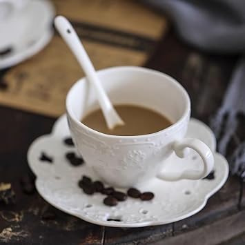 Euro Style Cup& Saucer Set Art Bone China Ceramic Tea Coffee Cup for Breakfast Home Kitchen- Embossed Flowers (White)