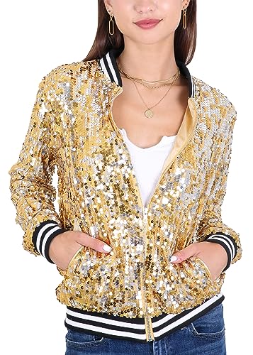Anna-Kaci Womens Sequin Jacket Sparkle Long Sleeve Front Zip Casual Blazer Bomber Jacket With Pockets