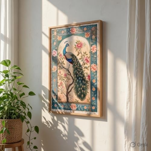 Image of Livin'luxe Peacock Floral Wall Painting with Wooden Frame | Vintage Bird Art HD UV Laminated MDF Wall Decor | Elegant Nature Artwork for Living Room Bedroom Office Home Decoration