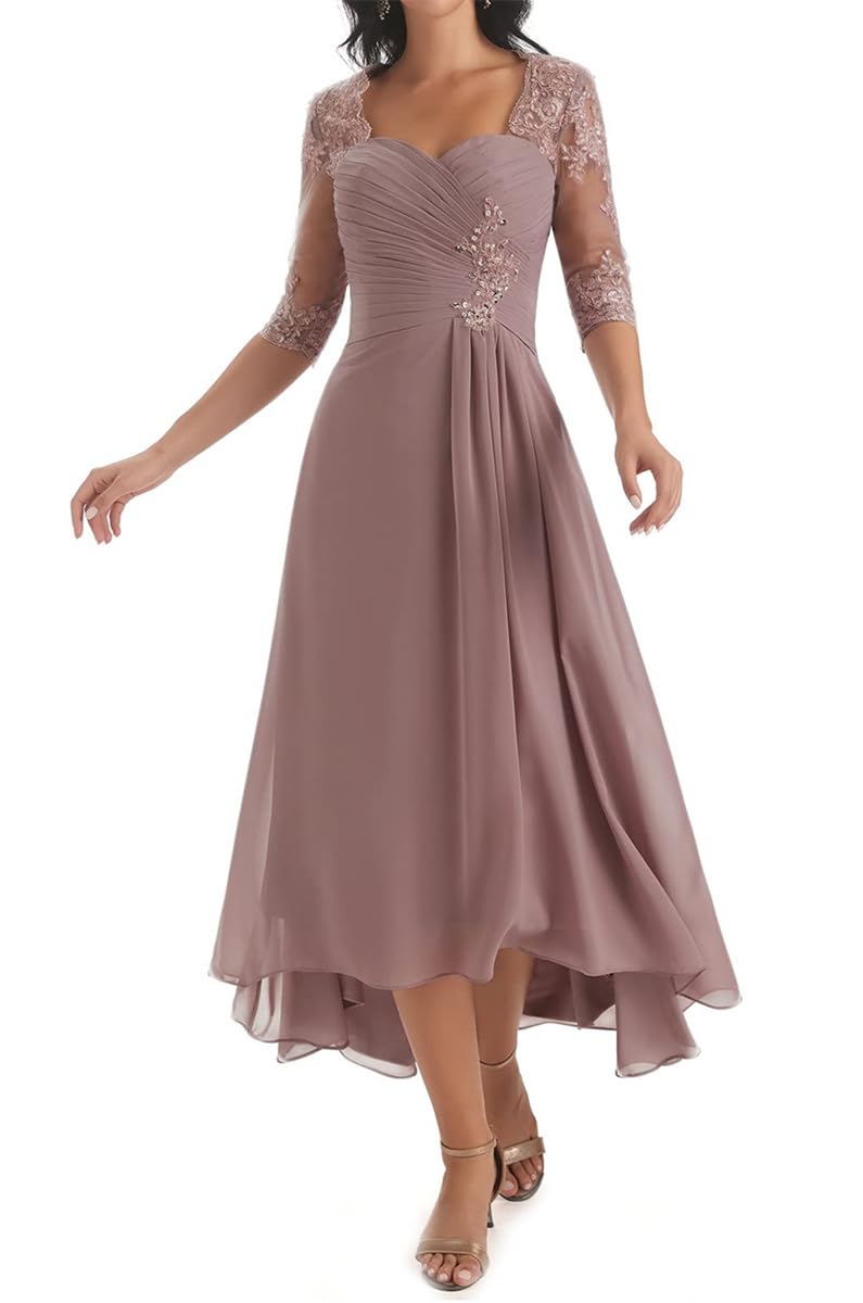 HPPEE Tea Length Wisteria Mother of the Bride Dresses Plus Size or Wedding with Sleeves Lace Applique A Line Chiffon Formal Party Dress UK22
