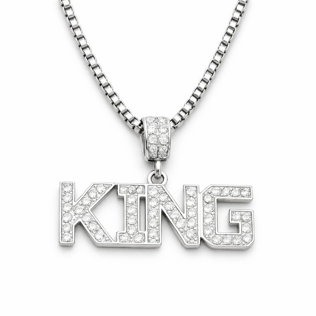 KING Name Pendant Necklace for Men – Iced Out Cubic Zirconia King Pendant with 22 Inch Box Chain | Hip Hop Style Jewelry Accessories for Boys Chain | Stylish Fashion Jewelry Gift for Boys, Boyfriend & Men-image-41