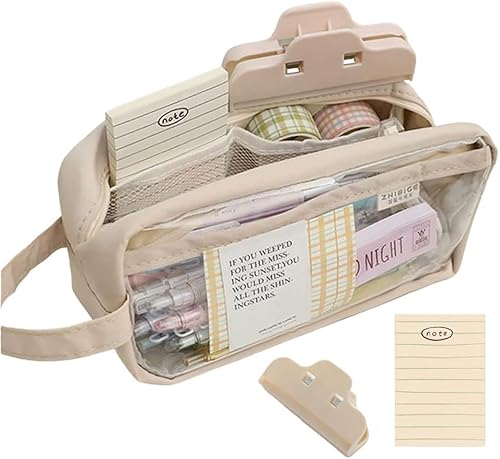 Estuche transparente para lápices estéticos, suministros escolares, estuche grande y lindo para niñas, estuche estético (beige, con clip y nota