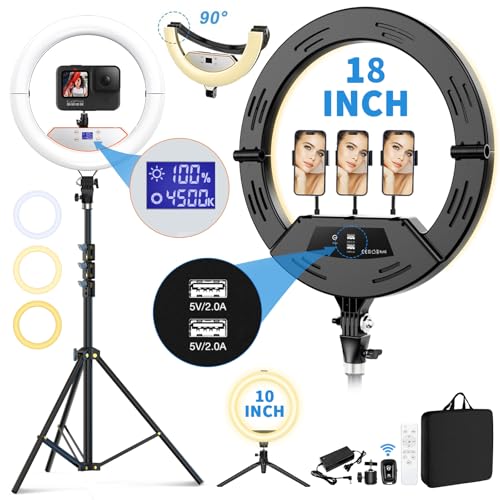 18 inch Ring Light with Stand+10 inch Light,Foldable Large Ring Light for ipad iPhone,LCD Display/4 Clips/2 USB Ports,2700-6500K with Tripod for Tattoo Lash Barber Makeup Photography Lighting