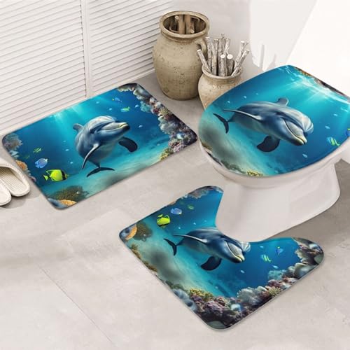 Dwrepo Underwater World Dolphin Print Bathroom Rug Set 3 Piece with Non-Slip U-Shaped Contour Mat and Toilet Lid Cover for Bathroom Decoration