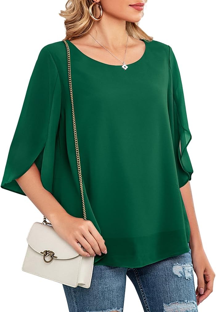 Neineiwu Womens Casual Scoop Neck Loose Top 3/4 Sleeve Chiffon Blouse Shirt Tops - Image 3