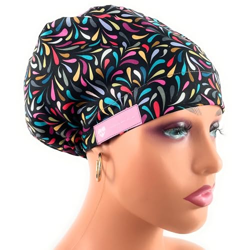 European Style Scrub Cap - No Ribbon – Bold Blooms - Droplet Cascade - Black - Working Cap with Holder. Scrub Hat for Women, Nurses Hats | Dr. Hats