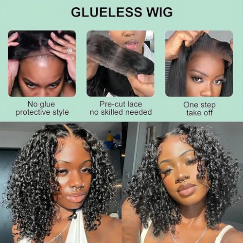 ISEE Wear and Go Glueless Wigs Human Hair Pre Plucked Deep Wave Bob Wig Human Hair Lace Front Wigs for Women Upgraded No Glue Pre Cut 6x4 Lace Closure Glueless Wigs for Black Women Human Hair 12 Inch