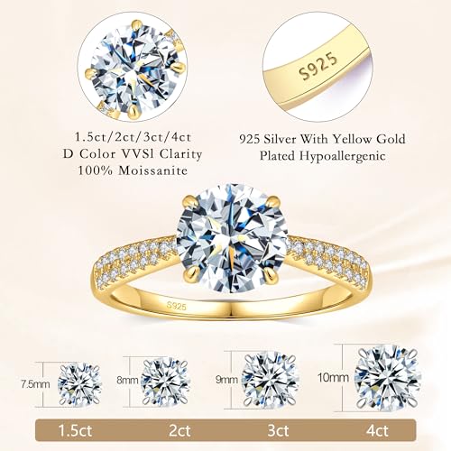 1.5/2/3/4CT Moissanite Engagement Rings for Women, D Color VVS1 S925 Sterling Silver Moissanite Ring with 18K Gold Plated Wedding band for Women2