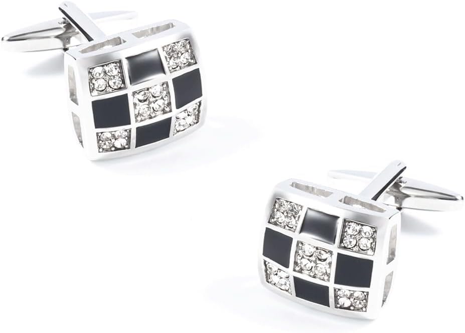 Men's French Shirt Cufflinks Rectangular Squares Set with Rhinestone Enamel