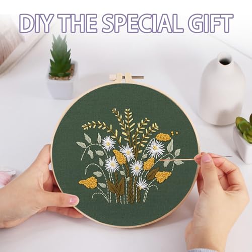 Image of Offizon 3 PCS Embroidery Kit for Beginners Stamped FlowerD Pattern | Cross Stitch DIY Craft Set, Hoop Included, Flower Embroidery Accessories, Stitching Sewing Kit Gift for Adults