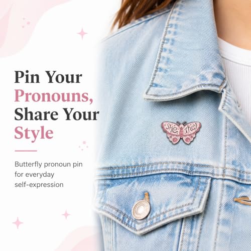 Image of LGBTQ Pronouns Cute Butterfly Pin - She They /He Him /They Them /She Her /He They Gender Identity Bulk Pins for Pride Parade, Daily Wear, Lapel, Hat, Backpack(Free 1pc Pride Sticker Included)