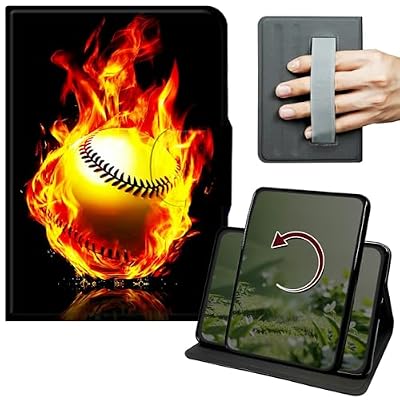 Dikoer Case for Amazon Kindle Fire HD 8 (8th/7th/6th Generation 2018/2017/2016 Release), 360 Degree Rotation Lightweight PU Leather Stand Cover with Hand Strap for Women Men, Flame Baseball