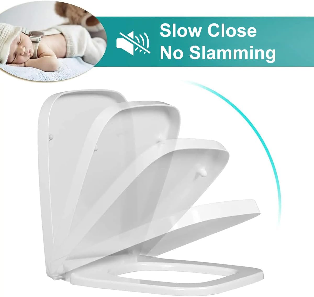 Toilet Seat Soft Close Square Toilet Seat Cover with Top Fix Adjustable Hinges & 4 Anti-Slip Damping, Quick Release for Easy To Clean, White PP Toilet Lid