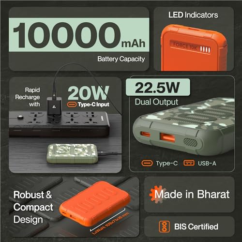 Ambrane 10000mAh Power Bank, Rugged & Slim, 22.5W Fast Charging, Compact & Travel-Friendly, USB & Type-C Output, PD & QC, Compatible with iPhone, Samsung, Oneplus & All Android (Force 10K, Orange) view 2