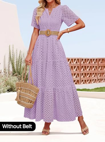 Image of ZESICA Women's 2026 Summer Short Sleeve Maxi Dress Casual V Neck Hollow Out Eyelet Ruffle Swing A Line Long Dresses