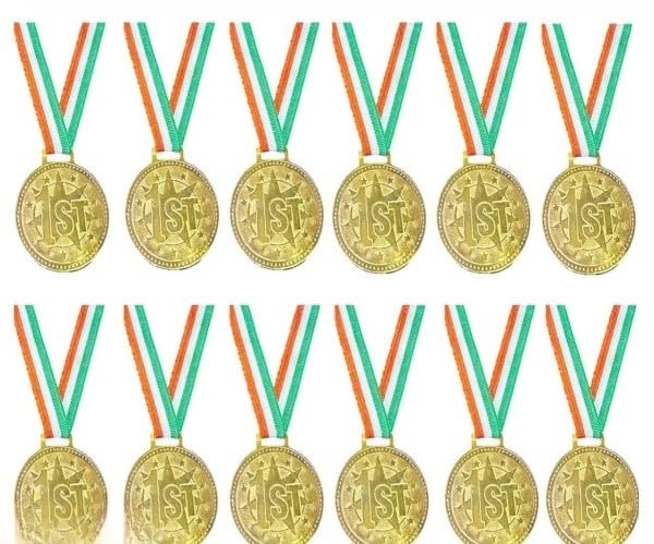 Swastik Enterprises 12 Pcs Gold Medal for School Competion Medals/Medals for Any Event/Throw Ball Medals with Tiranga Ribbon | Sports Medals for Competitions, Functions & Tournaments-picture-28