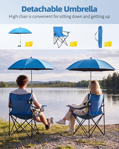 Image of HaSteeL 2PCS Camping Chairs with Detachable Umbrella, Folding Beach Chair for Adults, Large Portable Foldable Chair for Outdoors Fishing Hiking Travel Picnic Lawn, Supports 275lbs, Storage Bags, Blue