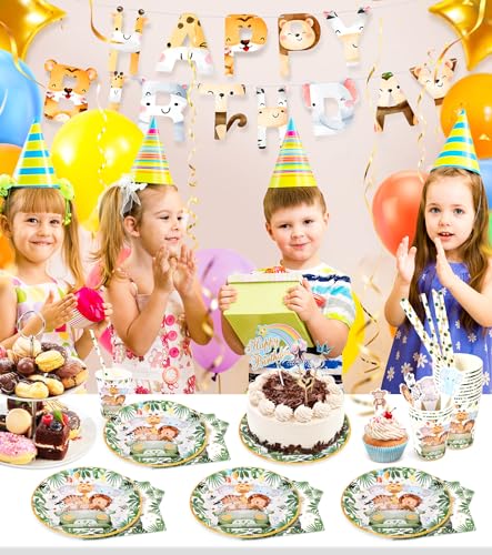 Ophy Dschungel Safari Partygeschirr - 134-teiliges Wild One Geburtstag Deko Set mit Tier-Geburtstagsbanner, Papptellern, Servietten, Bechern und mehr für 25 Gäste