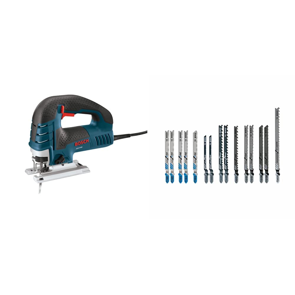 Bosch Power - JS470E Corded Top-Handle Jigsaw - 120V Low-Vibration, Variable Speed For Smooth Cutting on Wood & on Steel For Countertop & BOSCH T-Shank Wood, Metal Cutting Jig Saw Blade Set