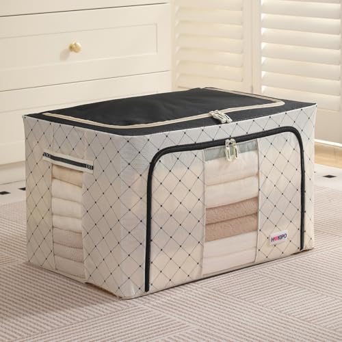 Image of HOKIPO 88L Wardrobe Organiser for Storage of Clothes, 600D Oxford Fabric Storage Box, Ivory Noir Pack of 1 (AR-6487-BLK)