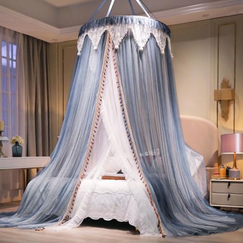 AIKASY Girls and Adults Canopy Bed, Elegant Double-Layer Bed Curtain, Children’s Dream Round Lace Mosquito Net, Princess Canopy Net – Fits Twin, Full, Queen, and King Beds (White/Blue)