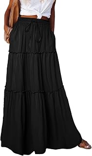 Women Maxi Skirt Boho Elastic Waist A-Line Pleated Swing Long Skirt with Pockets