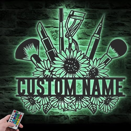 CALCCI Custom Text Metal Sign - Custom Artist Makeup Tool Metal Wall Art LED Light Personalized Beauty Cosmetics Name Sign Home Decor Make Up Decoration Christmas Birthday, Black